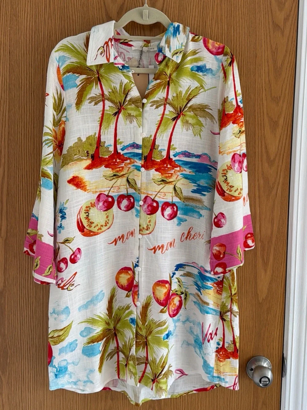 New With Tags Label Of Love Cherry Fruit Palms Linen Blend Shirt Dress Women’s M